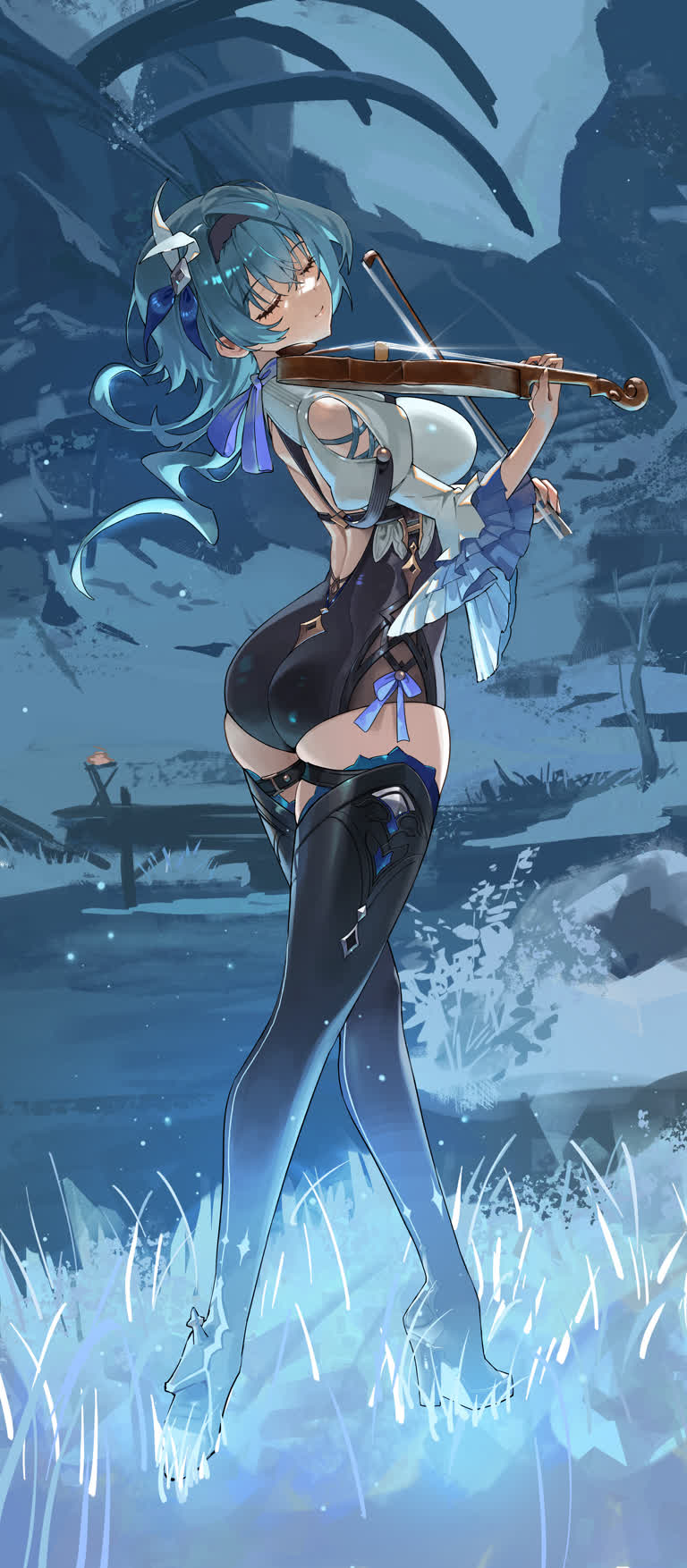 有一个女人在水中拉小提琴