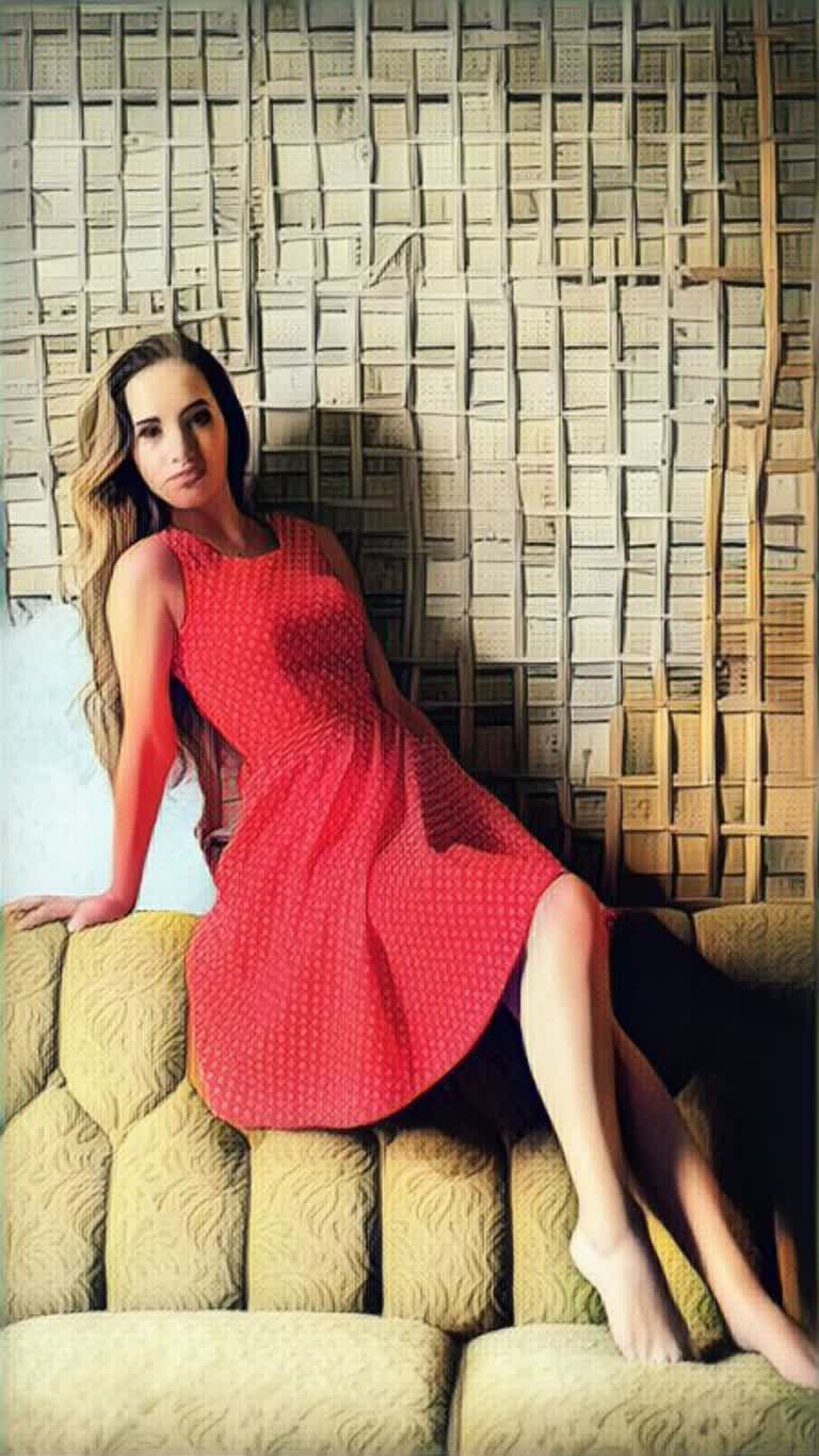 沙发上坐着一个穿着红色连衣裙的女人