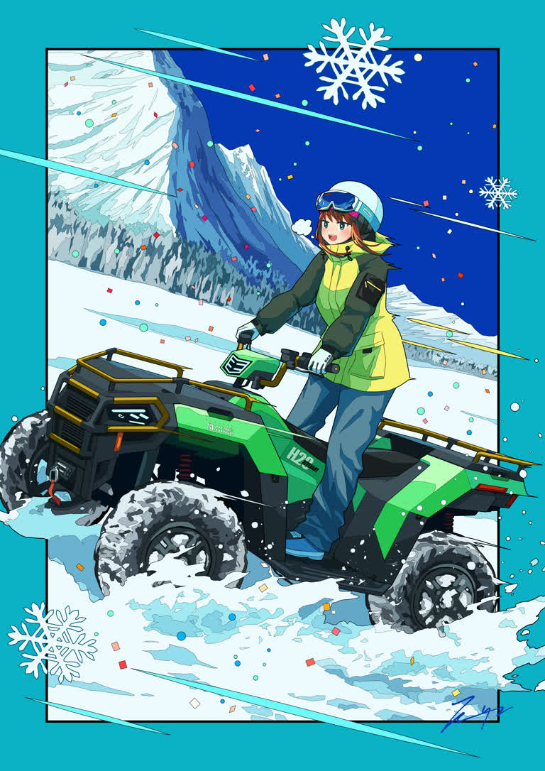 有一个女人在雪地里骑着四轮车
