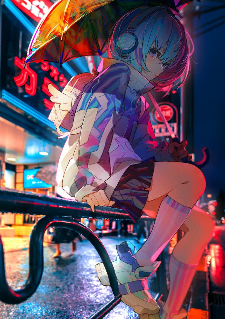 有一个女人撑着伞坐在长凳上