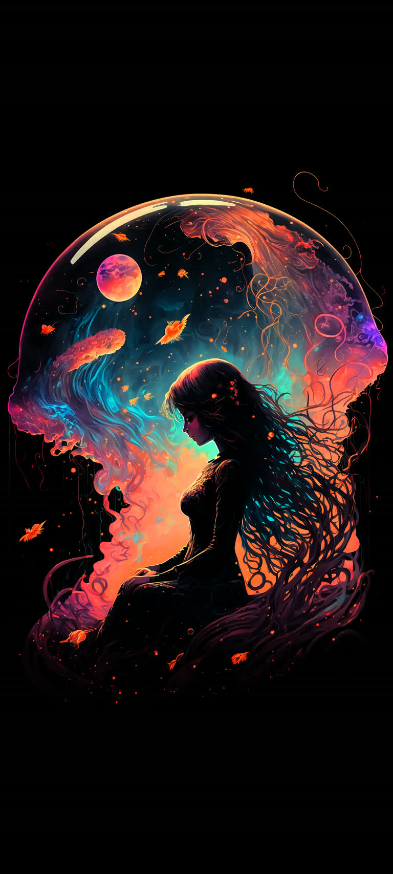 有一个女人坐在黑暗中的泡泡下