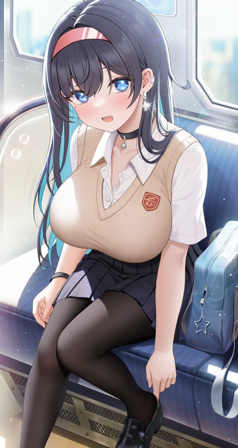 有一个女人坐在公交车上,眼睛是蓝色的