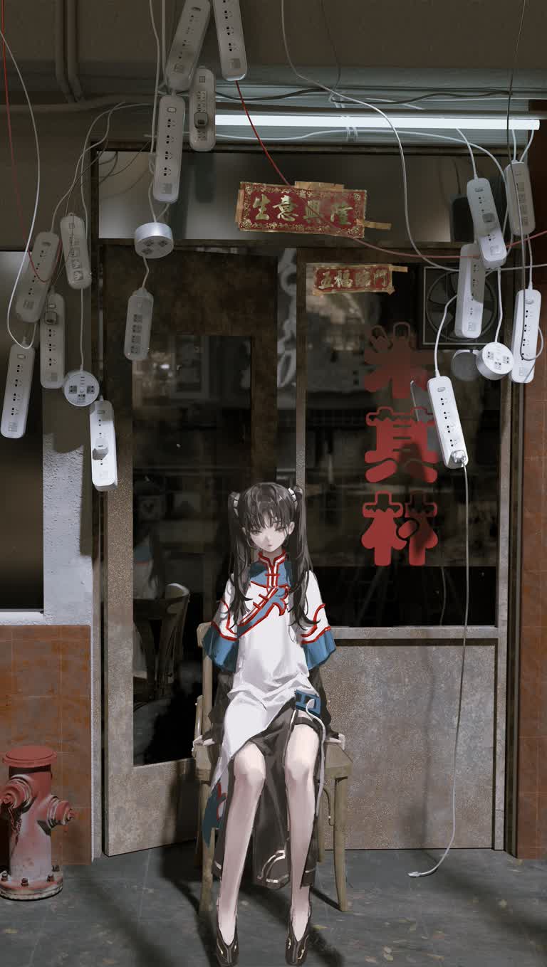 一家店门口的椅子上坐着一个女人