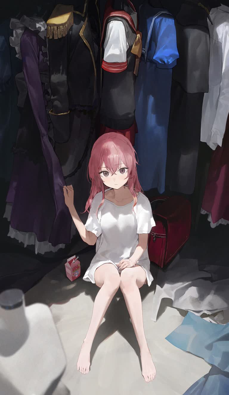 有一个女人坐在一架衣服前的地板上