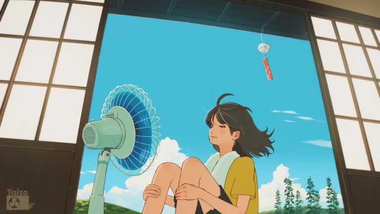 有一个女人坐在房间里的风扇前