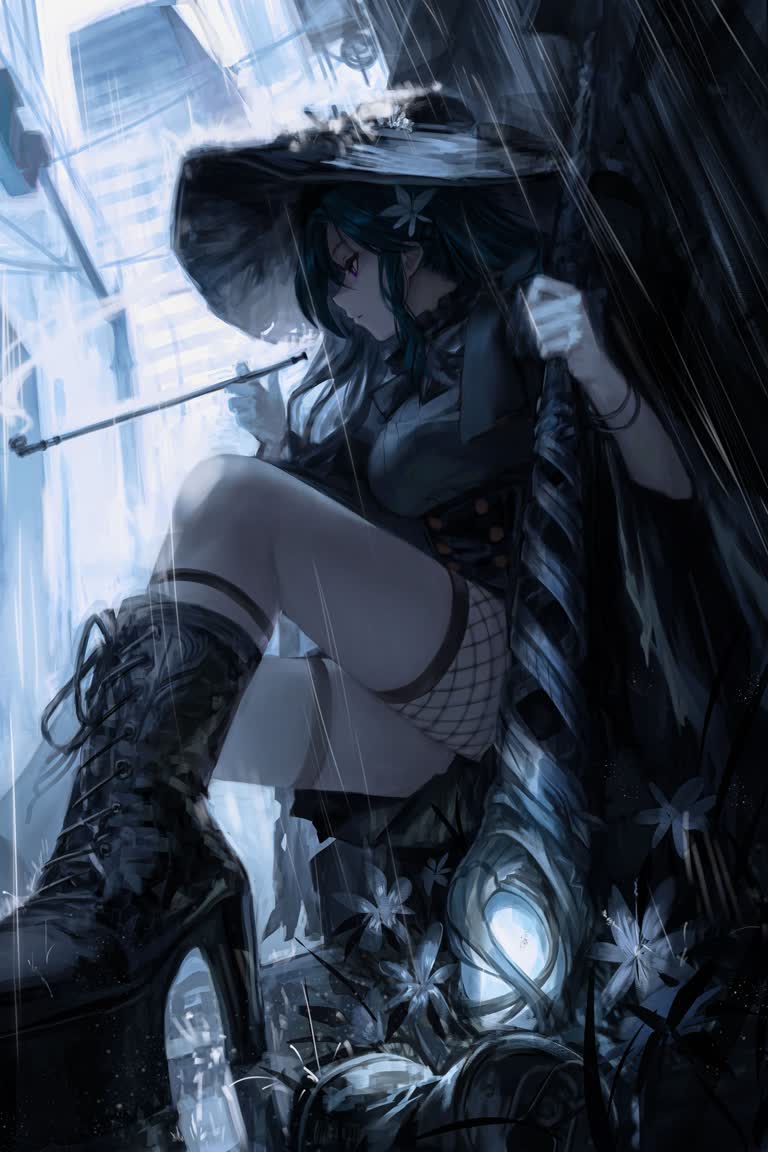 有一个女人在雨中坐在摩托车上