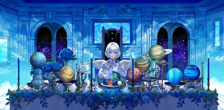 有一个女人坐在一张桌子旁,桌子上有行星