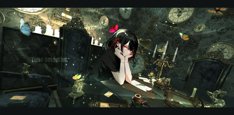 有一个女人,她正拿着行李箱坐在桌子旁