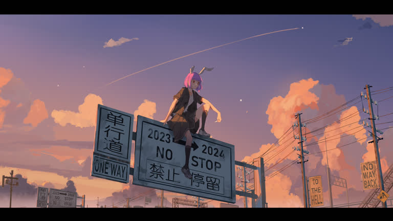 有一个女人坐在路牌上