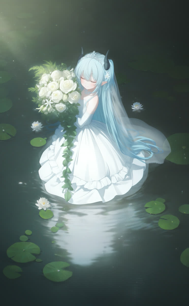 有一个女人拿着花束坐在水里
