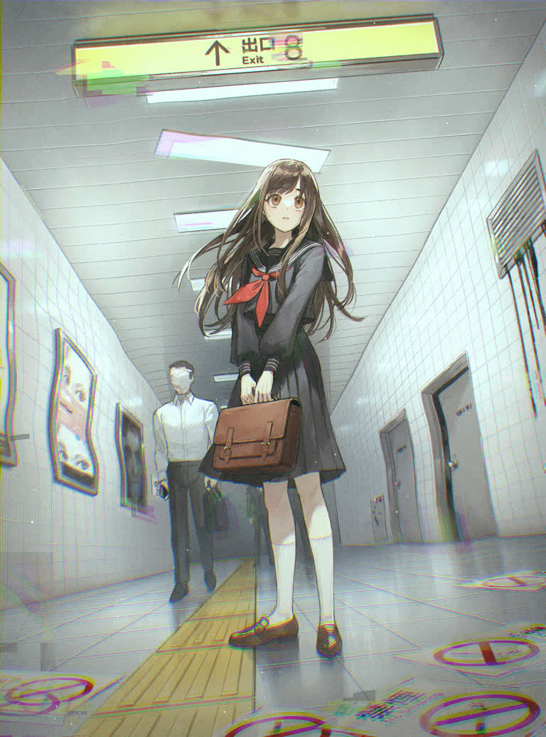 有一个女人提着行李箱站在走廊上