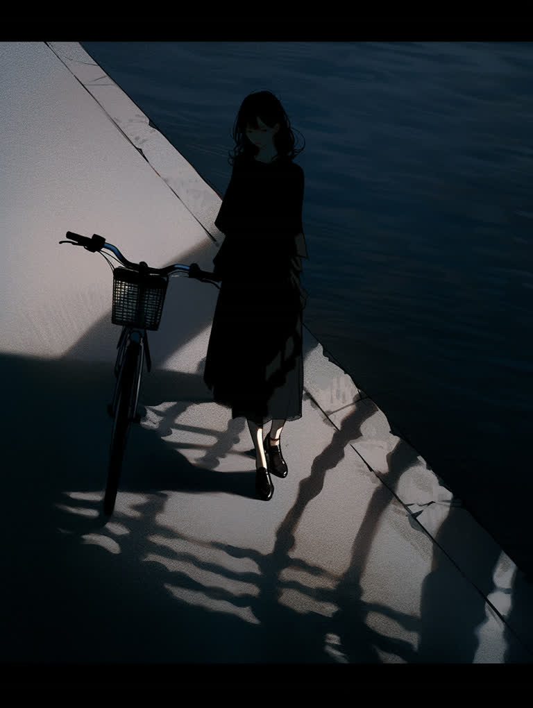 有一个女人站在一辆自行车旁边