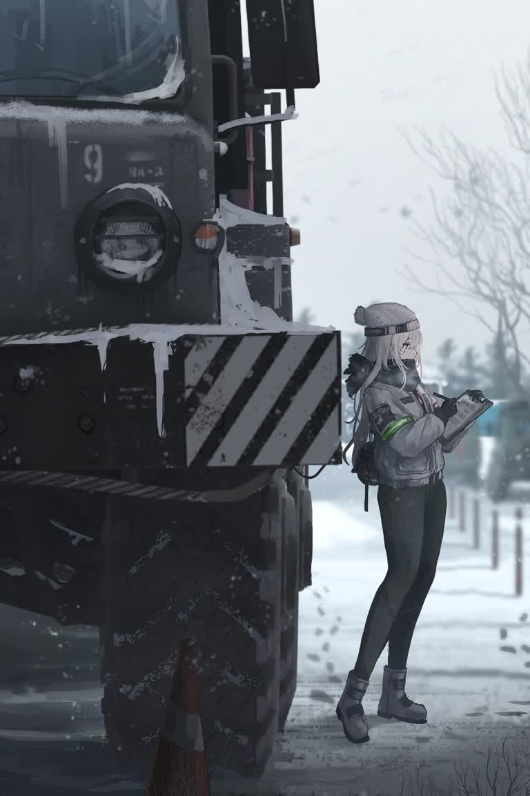 雪地里站着一个女人,旁边站着一辆大货车