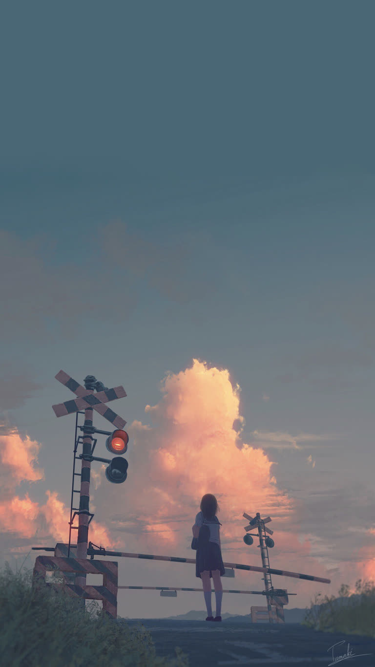 有一个女人站在一个以天空为背景的铁路道口