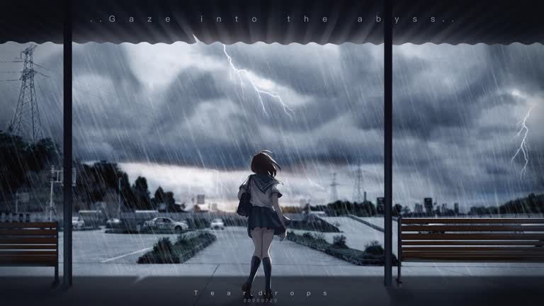 有一个女人站在雨中,坐在长椅旁