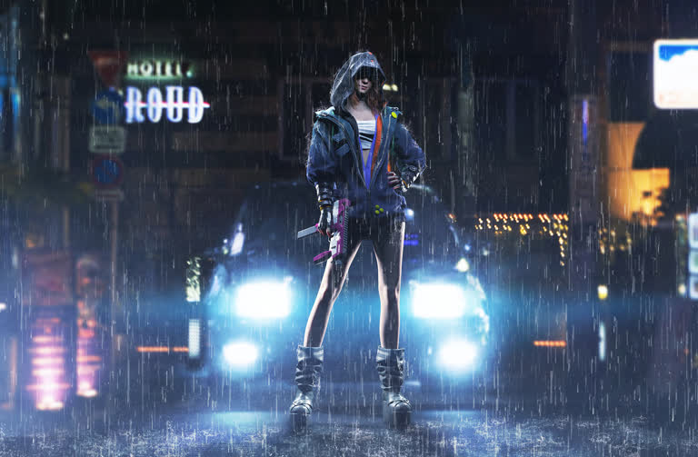 有一个女人拿着枪站在雨中