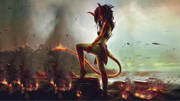 有一个女人站在火中的一块岩石上
