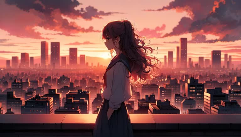 有一个女人站在屋顶上眺望着城市