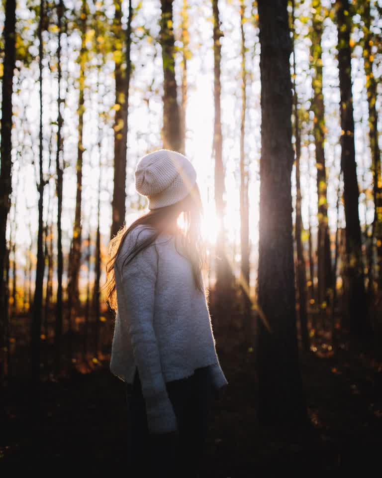 有一个女人站在树林里看着太阳