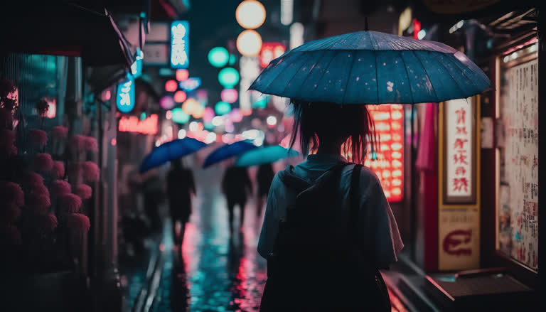 有个女人打着伞,晚上走在街上