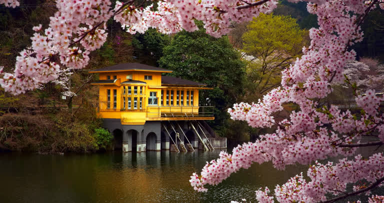 一座黄色的建筑坐落在一座水上桥上