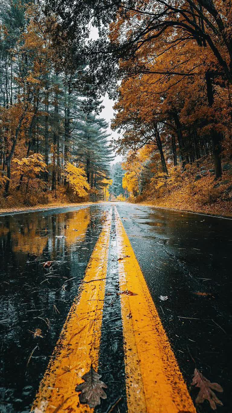 树林中间的路上有一条黄线
