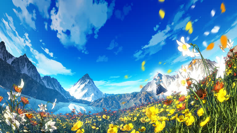 山脉前景中的黄色和白色花朵