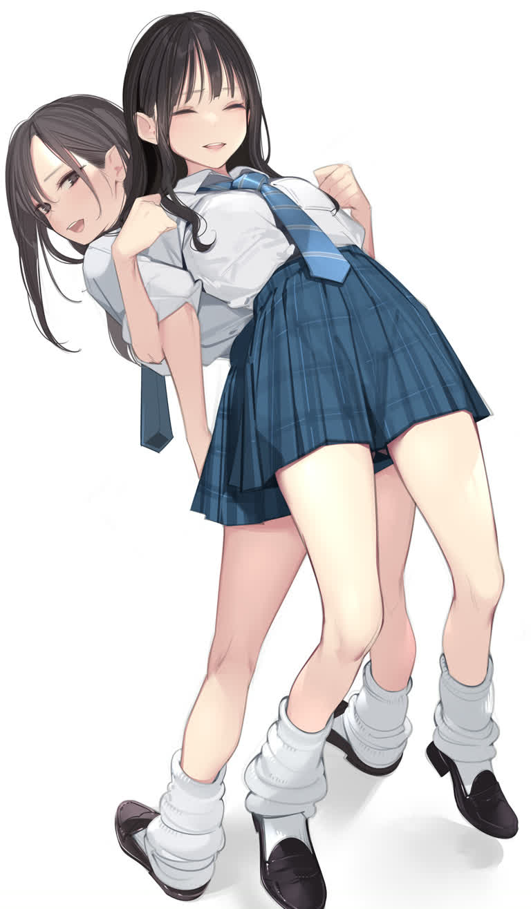 有两个穿着校服的年轻女孩拥抱在一起