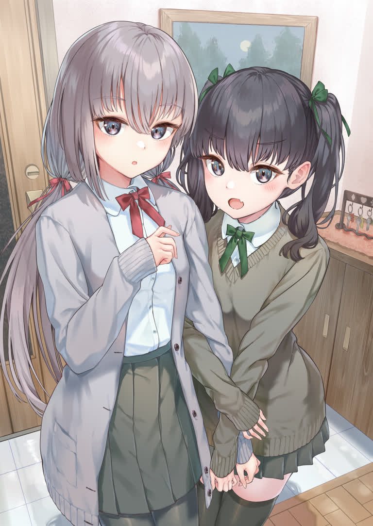 两个年轻女孩并排站在一个房间里